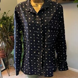 Vintage ski wear , Obermeyer nylon button down shirt ,hearts& logo name pattern